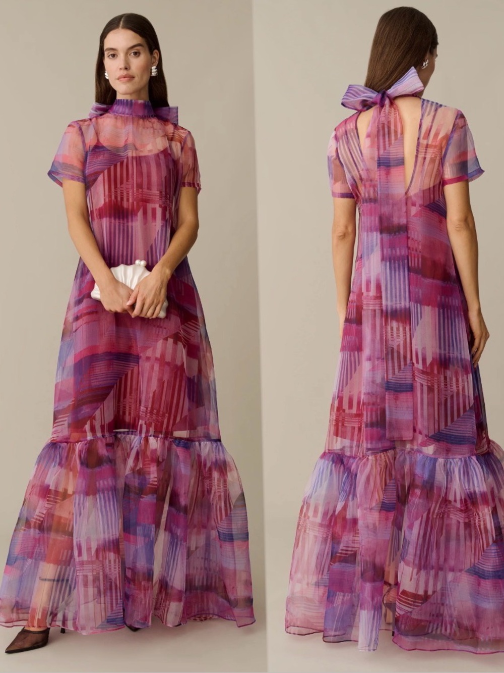 CAARA Melody Dress Sheer Patterned Maxi Dress in Magenta and Purple Sz XL
